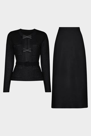 Tweed Embellished Long-Sleeve Top & Wool Long Skirt Two-Piece Set