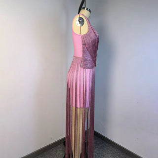 Metallic Fringe High Neck Sleeveless Long Dress
