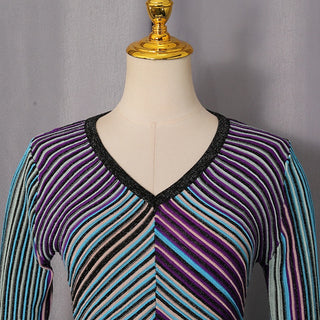 Metallic Striped Knit Maxi Dress with V-Neck and Long Sleeves