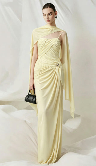 Soft Mesh Draped Strapless Long Dress with Sheer Scarf
