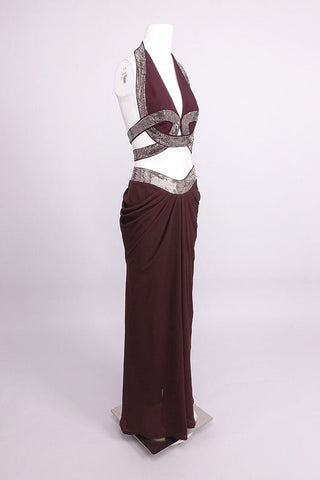 Crystal Embellished Halter Cutout Crop Top & Draped High-Waist Long Skirt Set