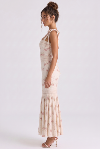 Floral Print Long Dress – Lace Trim, Tie Straps, Defined Waist & Corset Back