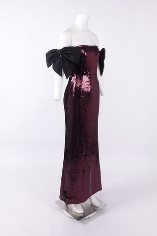 Sequin Bow Off-Shoulder Long Dress – Fitted Evening Gown
