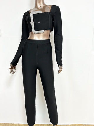 Crystal Buckle Cropped Top & Tailored Pants Set