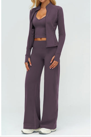3-Piece Women’s Yoga Set – Cropped Tank, Zip Jacket & Wide-Leg Pants Activewear Set