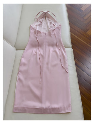Halter Neck Satin Midi Dress with Floral Detail
