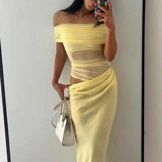 Off-Shoulder Ruched Mesh Cut-Out Long Dress