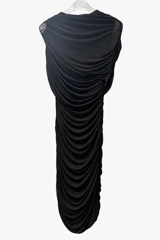 Ruched Mini Bodycon Dress with High Neck, Short Sleeves & Draped Overlay