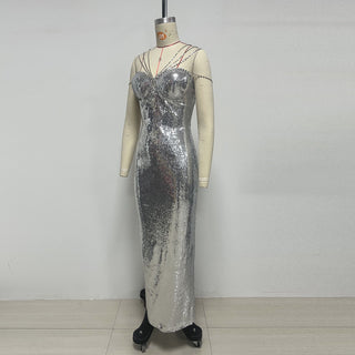 Crystal Strap Sequin Corset Bodycon Long Dress
