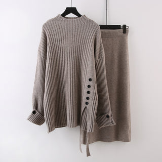 Ribbed Knit Two-Piece Set – Oversized Sweater with Button-Cuff Sleeves & High-Waist Midi Skirt