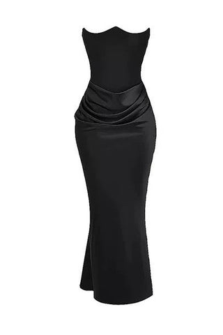 Strapless Satin Corset Maxi Dress with Draped Waist