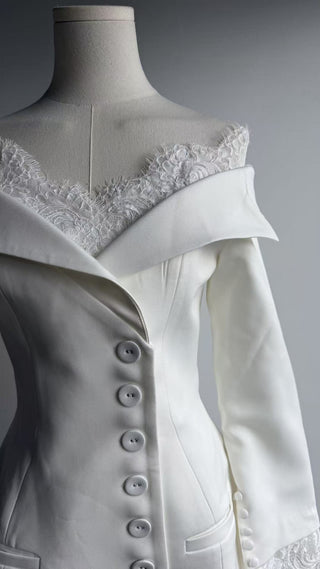 Lace Trim Off-Shoulder Tailored Blazer Mini Dress with Long Sleeves & Button Front