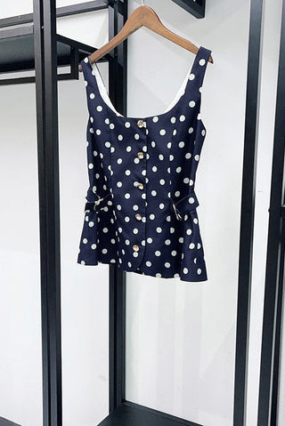Polka Dot Top & Skort Set – Gold Button Detail, Side Buckle Accent & High-Waisted Skort