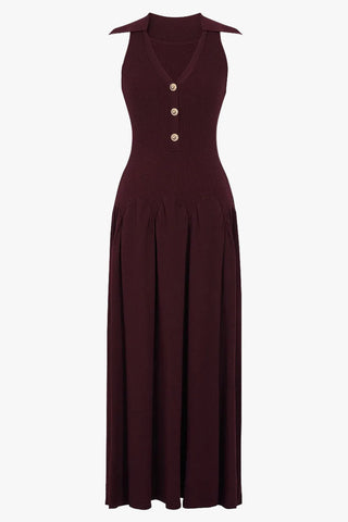 Ribbed Knit Sleeveless Collared V-Neck Long Dress with Gold Buttons & Flared Skirt