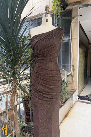One-Shoulder Shimmer Mesh Long Evening Dress