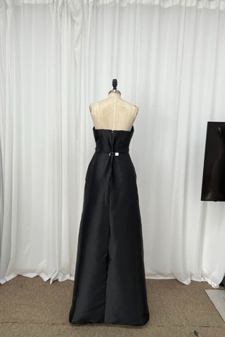 Strapless Satin Peplum Long Dress with Contrast Panel