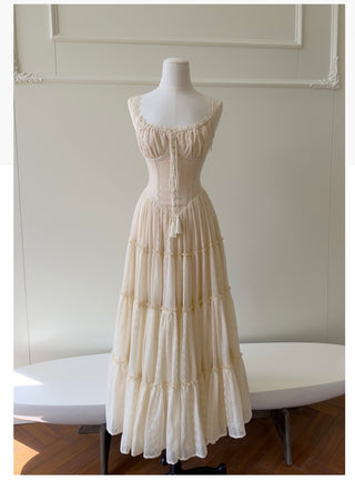 Embroidered Lace Corset Sleeveless Long Dress with Tiered Skirt