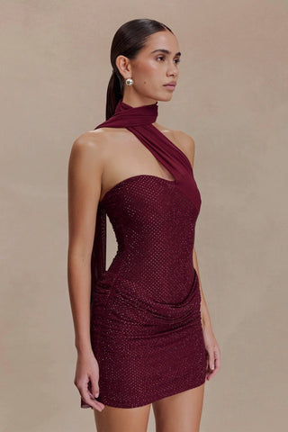 Chic Draped One Shoulder Rhinestone Embellished Mini Dress
