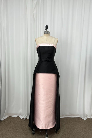 Strapless Satin Peplum Long Dress with Contrast Panel