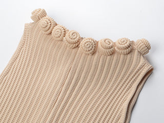 Elegant Ribbed Knit Sleeveless Mini Dress with Floral Trim Neckline