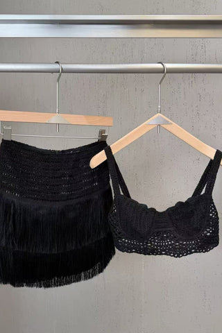 Crochet Bustier Top & Fringe Mini Skirt Set