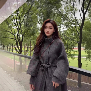 Oversized Belted Wool-Blend Coat with High Neck