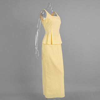Sleeveless Linen-Blend Peplum Top & Long Skirt Co-Ord Set with Lace-Up Back