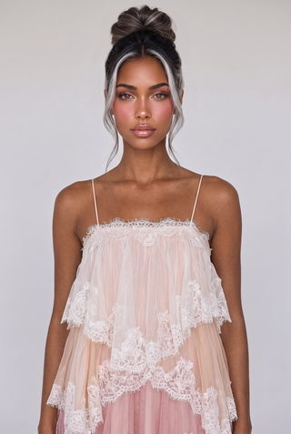 Tiered Lace Long Dress – Layered Ruffle Design, Crisscross Back & Flowy Fit