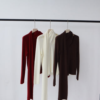 Long Sleeve Knit Top with Attached Scarf Detail and Regular Length