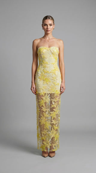Elegant Strapless Floral Lace Embroidered Long Dress with Sequin Detail