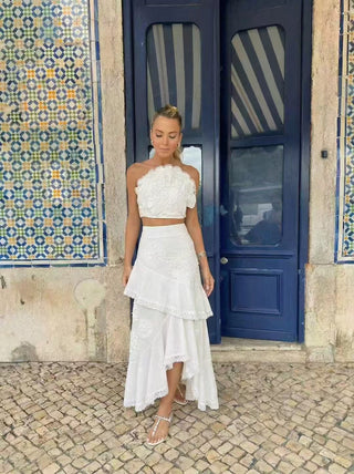 Strapless Lace Appliqué Crop Top & Tiered Asymmetric Long Skirt Set