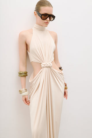 Luxe Halter Neck Cut-Out Long Dress with Draped Knot Detail