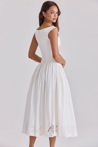 Boat Neck Midi Dress – Gathered Waist, Sleeveless Design & Cutout Details
