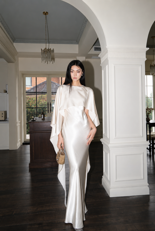 Satin Cape Sleeve Open Back Long Dress