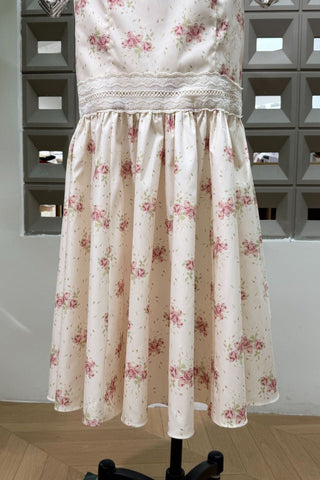 Floral Print Long Dress – Lace Trim, Tie Straps, Defined Waist & Corset Back