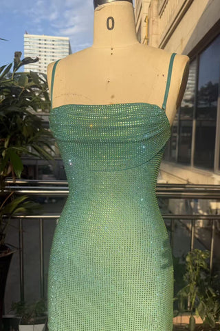 Crystal Embellished Cowl Neck Spaghetti Strap Mini Dress