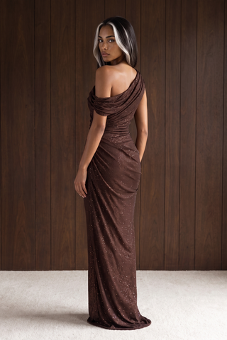 One-Shoulder Shimmer Mesh Long Evening Dress