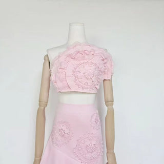 Strapless Lace Appliqué Crop Top & Tiered Asymmetric Long Skirt Set
