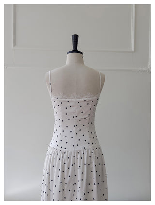 Polka Dot Lace Panel Ruched Midi Dress