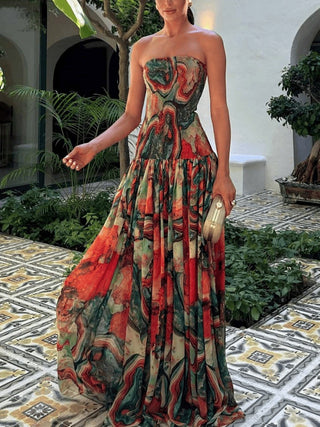Abstract Print Smocked Drop-Waist Long Dress