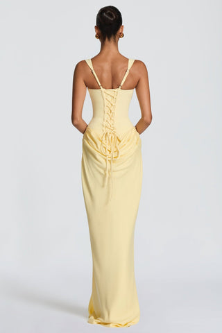 Romantic Sleeveless Corset Long Dress with Draped Waist & Lace-Up Back