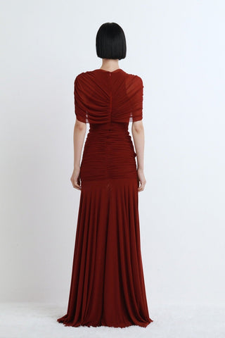 Ruched Off-Shoulder Long Dress – Draped Top & Flowing Skirt