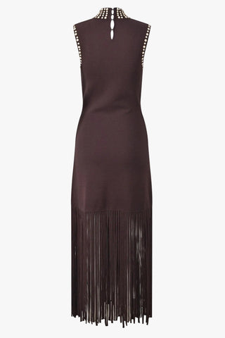 Fringe Knit Midi Dress with Embellished High Neck Detail
