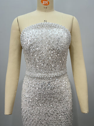 Pearl & Sequin Embellished Strapless Corset Long Dress