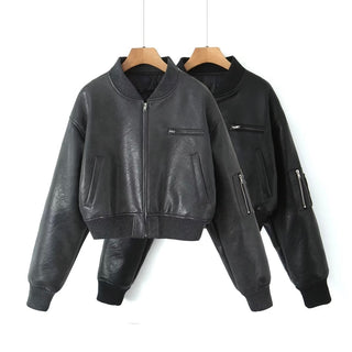 Cropped Faux Leather Bomber Jacket with Zip Detail