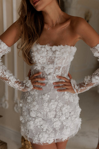 Floral Appliqué Corset Mini Dress with Lace Sleeves