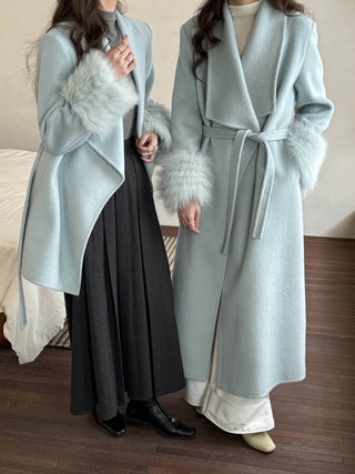 Luxury Wool-Blend Wrap Coat with Faux Fur Cuff Sleeves