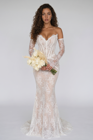 Floral Lace Corset Off-Shoulder Long Dress with Sheer Lace Sleeves
