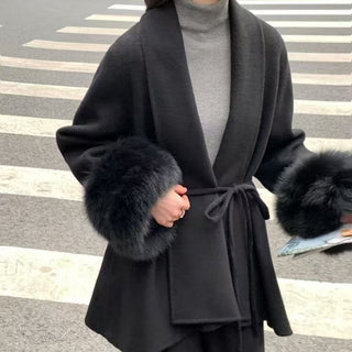Fur Cuff Belted Knit Cardigan – Long Sleeve Wrap Design