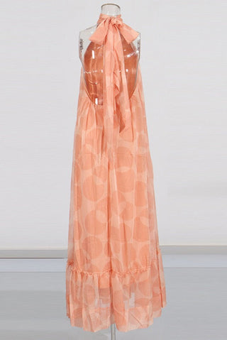 Sleeveless Halter Neck Open-Back Printed Chiffon Long Dress with Ruffle Hem